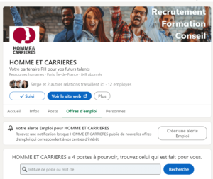 Ecran alertes Linkedln site Homme & Carrières