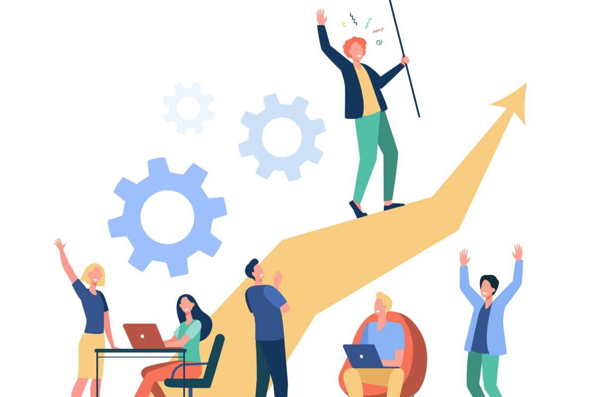 Business leader standing on arrow and holding flag flat vector illustration. Cartoon people training and doing business plan. Leadership, victory and challenge concept